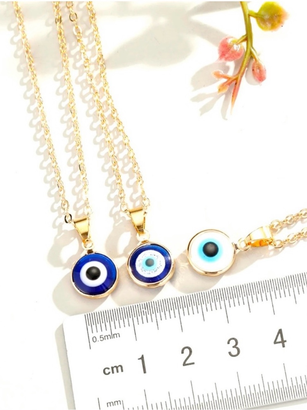 Hand Crafted Gold Necklace with Blue and White Evil Eye Pendant - Picture 3 of 3
